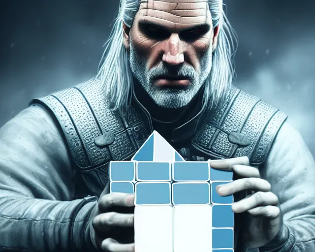 Image similar to 5 5 mm portrait photo of geralt trying to solve a rubix cube. magical atmosphere. art by greg rutkowski. highly detailed 8 k. intricate. lifelike. soft light. nikon d 8 5 0.