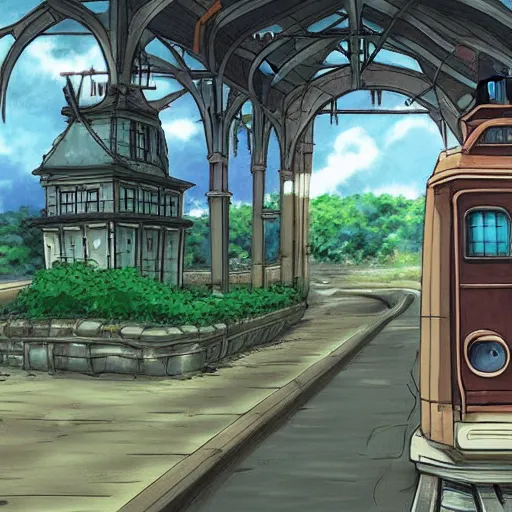 Image similar to lost train station, anime style, studio ghibli