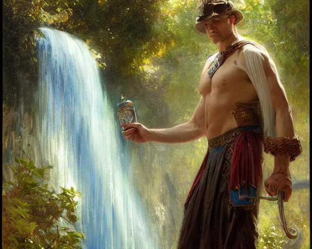 Image similar to attractive male wizard casting time magic, stopping water from a waterfall. highly detailed painting by gaston bussiere, craig mullins, j. c. leyendecker 8 k