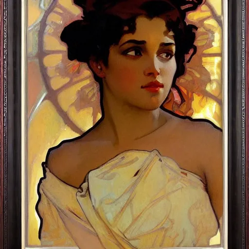 Prompt: beautiful brown skin girl with pouty lips by alphonse mucha and greg manchess