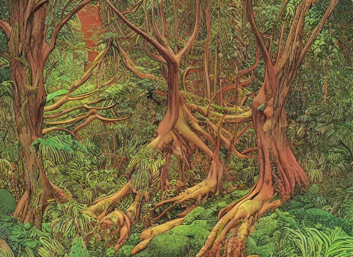 Image similar to highly detailed image by moebius and roger dean of the forest of mœbdean, digital art