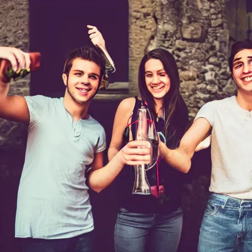 Prompt: four young adult are in an ourdoor party in italy, they are holding the same object in their right hand