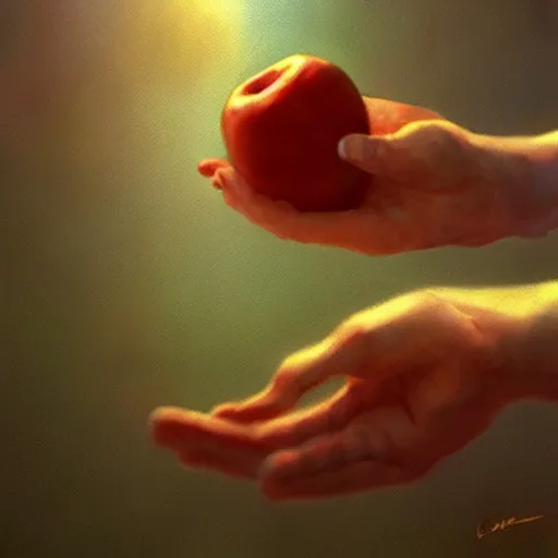 Image similar to the hand is reaching for the apple, painting by Craig Mullins, octane rendering, soft morning lighting, wide angle lens, in the style of Hayao Miyazaki, trending on artstation,