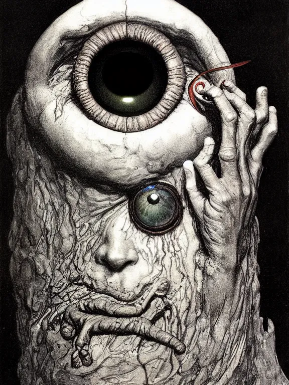 Prompt: one-eyed single-eyed Cyclops Polyphemus concept art with one huge eye. Extremely high detail, details, realistic, solo, masterpiece, colorful, art by Arthur Rackham, Muzinabu, Zdzisław Beksiński, Johann Tischbein, Eugene de Blaas, Frederic Leighton