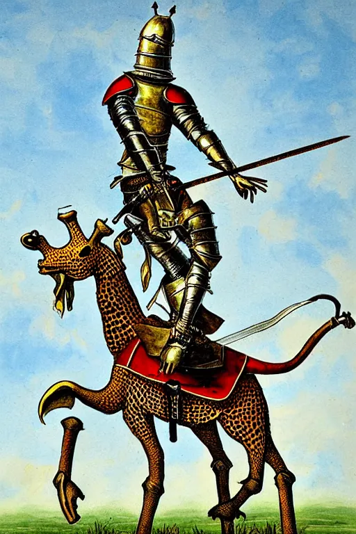 Image similar to a medieval knight in armor riding a giraffe