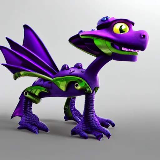Image similar to very cute small purple robototechnic dragon with well-designed head and four legs looking like Spyro,Disney, digital art