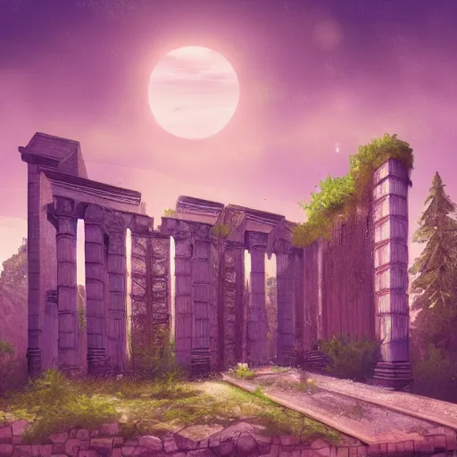 Prompt: roman structure in the forest, epic retrowave art, trending on art station