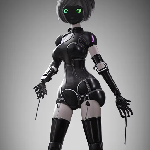 Image similar to showcase of a new female robot companion modeled after 2B nier automata, 4k, realistic, unreal engine render, trending in artstation, artstationHD, artstationHQ