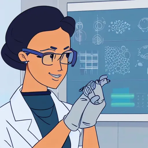 Prompt: a female scientist with a futuristic cyborg arm drawn in american animation style