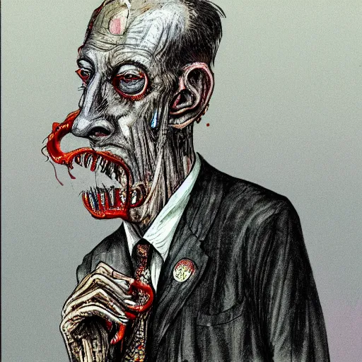 Image similar to Jacob Rothschild full body shot, dollar bills Body horror, biopunk, by Ralph Steadman, Francis Bacon, Hunter S Thompson