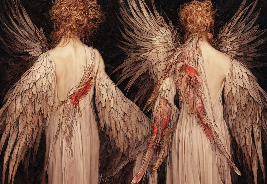 Prompt: breathtaking detailed painting of a angel from the back, by ayami kojima and brom, gauze rose dress of stained glass floating around, detailed realistyc symmetrical facial features, amalgamation of embers and feathers, 8 k, concept art, matte, sharp focus, rembrandt style