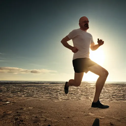 Image similar to Walter White running on the beach, artistic, 8k, cinematic, accurate, symetric, face, dramatic lighting, pastel colours