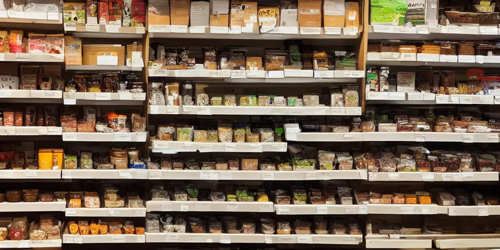 Prompt: Shelves lined with foods, texture