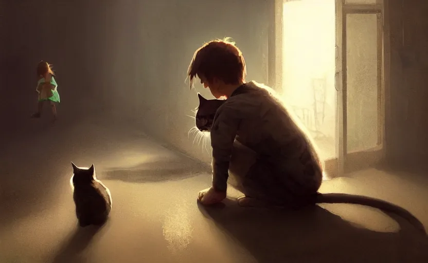 Image similar to painting of sad kid with a cat, hyper realistic t, natural light, concept art, by greg rutkowski, cozy atmospheric and cinematic lighting