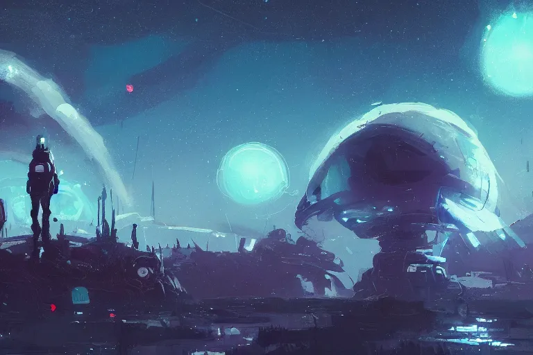 Prompt: cinematic surface of an alien planet with a starry sky, by Ismail Inceoglu, concept art trending on artstation,