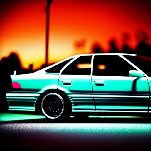Image similar to a car JZX100 at illegal car meet, Saitama prefecture, city sunset mist neon lights, cinematic color, photorealistic, highly detailed, 200MM