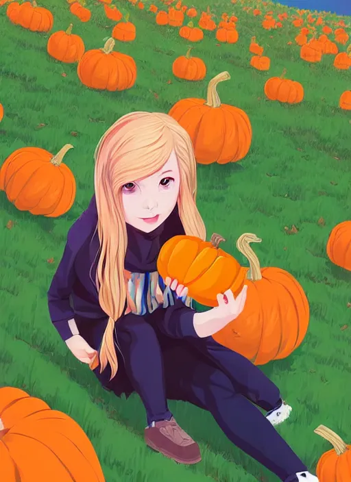 Image similar to little girl with long blonde hair visiting a pumpkin patch. clean cel shaded vector art. shutterstock. behance hd by lois van baarle, artgerm, helen huang, by makoto shinkai and ilya kuvshinov, rossdraws, illustration, art by ilya kuvshinov