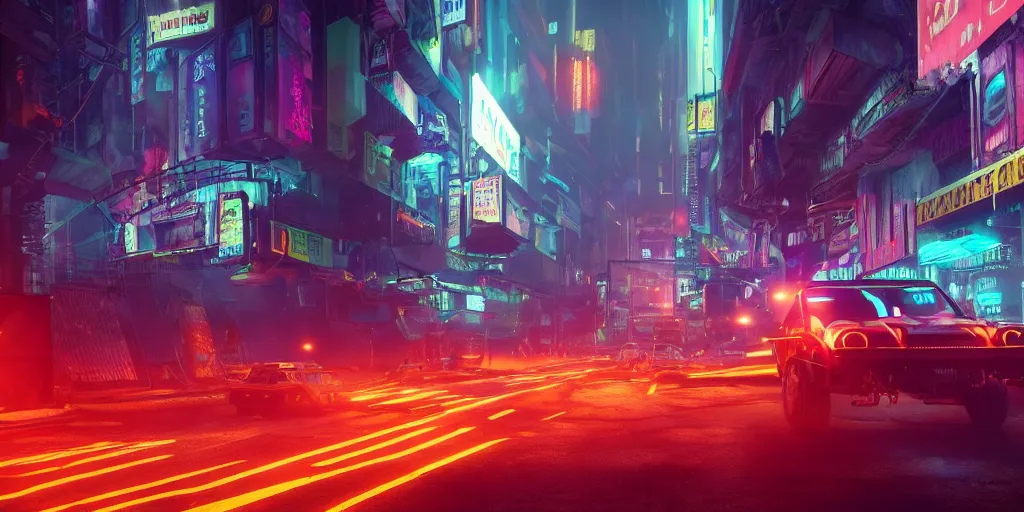 Image similar to a 3 d rendered in unreal engine guatemalan cyberpunk city with neon ads and signs with evocative dramatic mood with blade runner vibe with cars with motion blur with depth of field with bloom with lightshaft with volumetric lights, fog, by scott robertson, oscar winning graphics, photo realistic, bloom, imax, dynamic lighting, artstation,