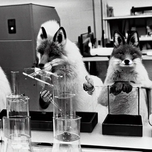 Image similar to fox animals conducting experiments in a chemistry lab, award winning photograph