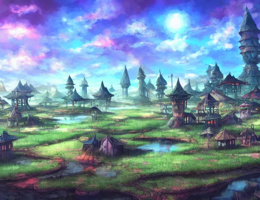 Image similar to futuristic fantasy village at a mire. this air brush painting by the award - winning anime artist has an interesting color scheme, plenty of details and impeccable lighting.