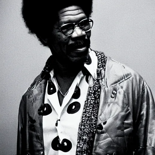 Prompt: a 1970s film still of Morgan Freeman dressed as a funk singer, 40mm lens, shallow depth of field, split lighting
