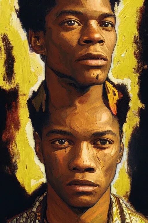 Prompt: portrait of Jean Michel Basquiat outside during golden hour, intricate, elegant, dramatic lighting, rugged face, highly detailed, lifelike, photorealistic, digital painting, artstation, illustration, concept art, smooth, sharp focus, art by John Collier and Albert Aublet and Krenz Cushart and Artem Demura and Alphonse Mucha