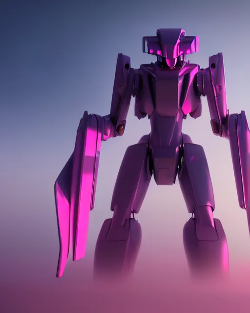 Prompt: hyperrealistic 3d render full mecha iridescent pink foggy landscape concept art vray ute osterwald de chirico sharp cinematic very moody light 8k low angle shallow depth of field