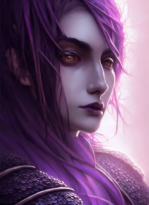 Prompt: symmetrical close up portrait dark witch, adventurer outfit large cloak, fantasy forest landscape, dragon scales, fantasy magic, undercut hairstyle, short purple black fade hair, dark light night, intricate, elegant, sharp focus, illustration, highly detailed, digital painting, concept art, matte, art by wlop and artgerm and greg rutkowski and alphonse mucha, masterpiece