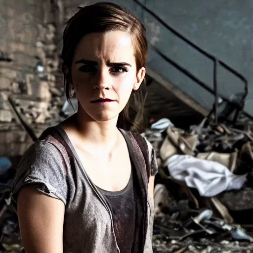 Image similar to concerned and tired emma watson in the ruins of civilization after the apocalypse, shredded and ruined dirty clothes, hd photo, high detail, shallow depth of field, face focus