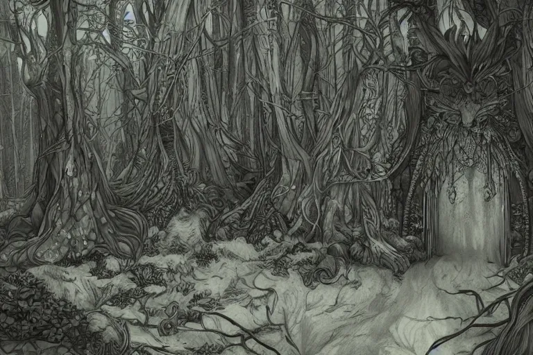 Prompt: fae living in the forest, beautiful, mesmerizing, concept art, intricate linework, detailed and intricate environment, artstation, inspired by monstress, sana takeda