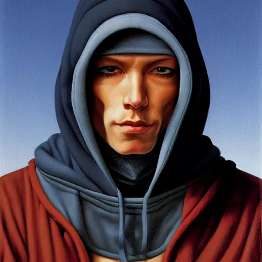 Image similar to portrait of a man wearing a balaclava and a hoodie, by gerald brom