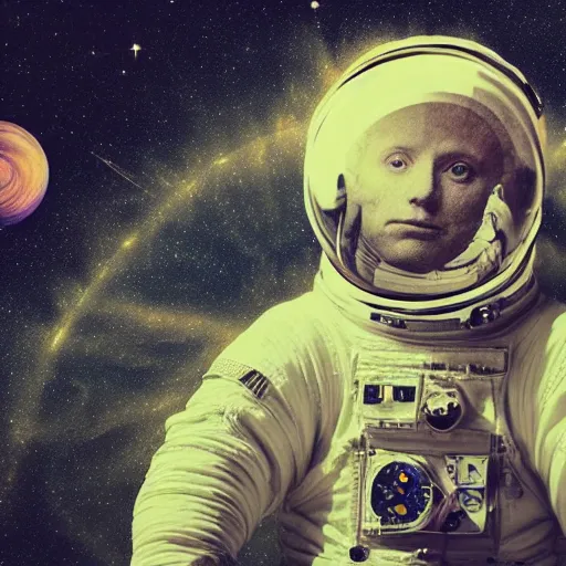 Image similar to double exposure portrait of astronaut and space and time in the the background by davinci, circles, psychedelic, pencil art, high definition, dynamic lighting stars, sharpness, golden ratio