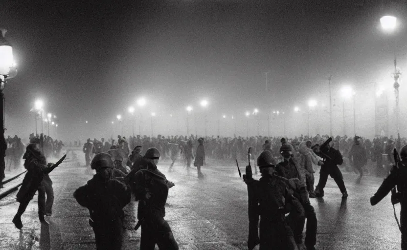 Image similar to 1990s movie still of a yougoslavian street with a large crowd fighting soviet soldiers, with stalinist style highrise, Cinestill 800t 35mm black and white, heavy grainy picture, very detailed, high quality, 4k panoramic, HD criterion, streetlight at night, foggy