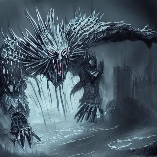 Prompt: concept art of disturbing animal, dark souls boss