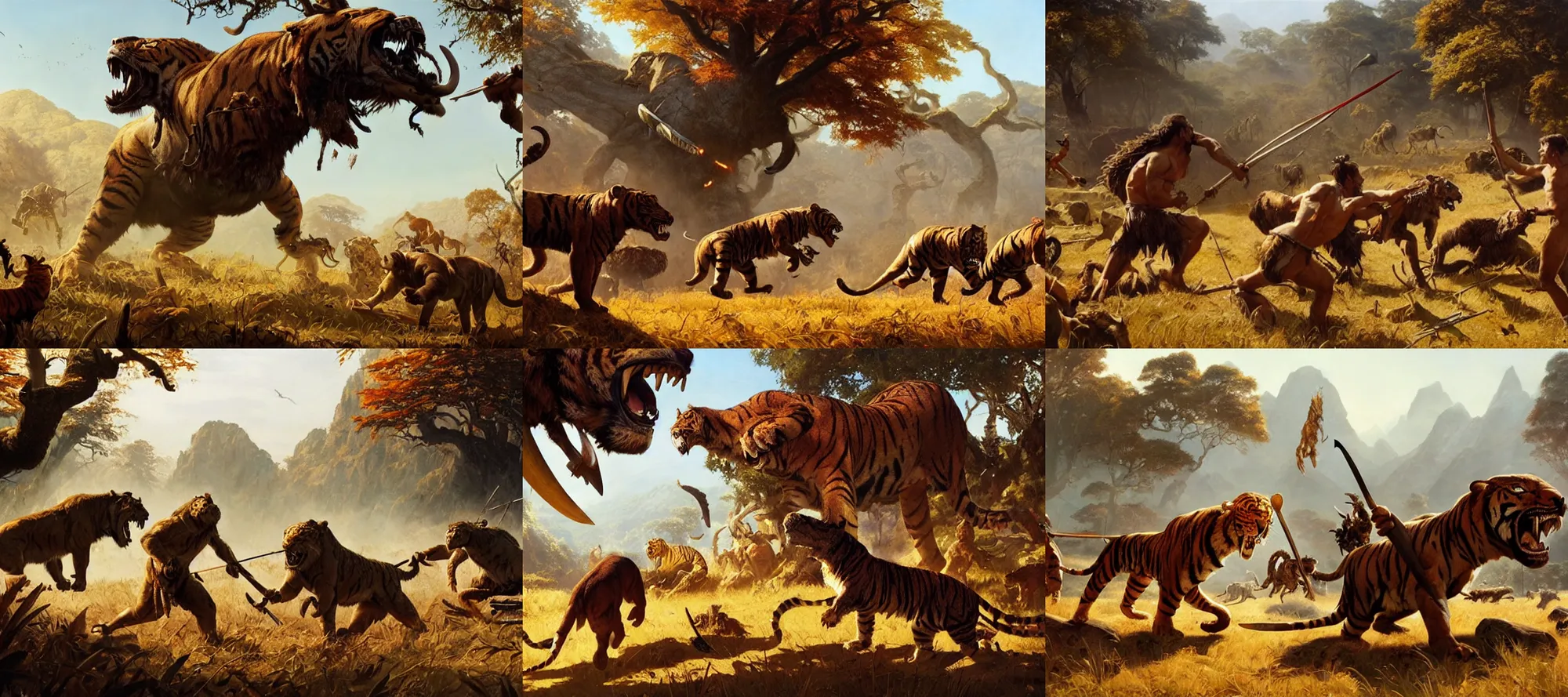 Prompt: epic scene of prehistoric hunter gatherers facing a sabre tooth tiger with spears, autumn season, clear and beautiful sunny weather, epic feels, high details, oil painting by greg rutkowski and craig mullins, frank frazetta, 8 k