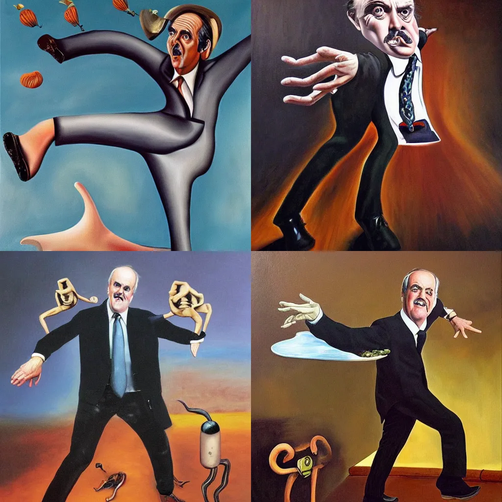 Prompt: an oil painting of john cleese doing an extremely silly walk in the style of dali, hyperrealistic, hyperdetailed, award winning, funny