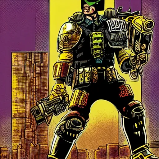 Image similar to judge dredd, megacity one police officer, crosshatch gritty cyberpunk run down city