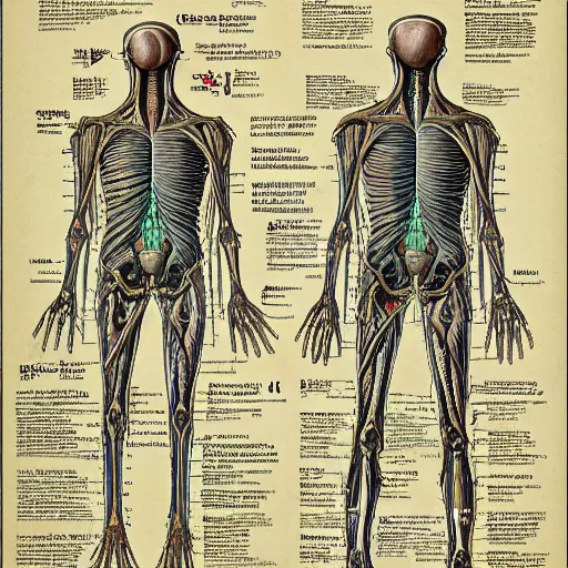 Prompt: an alien species, anatomical diagram, labeled body parts, from All Tommorrows, by C.M. Kösemen
