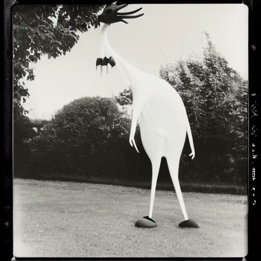 Image similar to an black and white photography of a tall skinny creature with a long neck, arms, and legs, covered in black substance, suburbs backround, 1 9 9 0, polaroid,