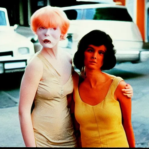 Image similar to 1981 color archival photo of a glamorous woman in a dress, and her friend, who looks like Casper the Friendly Ghost, in a sidewalk cafe, 16mm film soft color, earth tones and soft color 1981, live-action archival footage, in style of doris wishman russ meyer, woman looks like young mia farrow