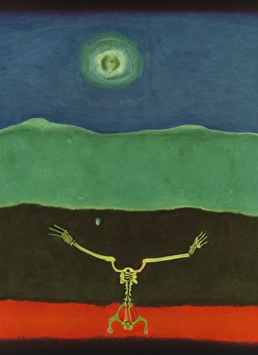 Image similar to wonky alien skeleton cook with knives in a dark green cloudy night sky with golden foil stars, occult symbols and tears, mountain lake and blossoming field in background, painted by mark rothko, helen frankenthaler, danny fox and hilma af klint, very pixelated, naive, expressionism