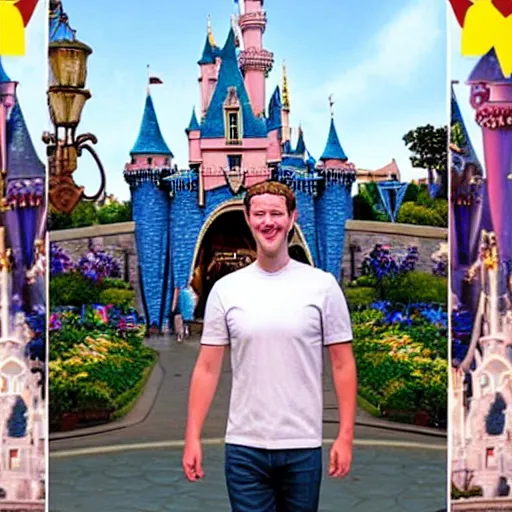 Prompt: badly photoshoped mark zuckerberg in disneyland