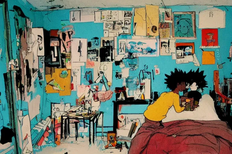 Prompt: messy bedroom, style of studio ghibli + moebius + basquiat, cute,