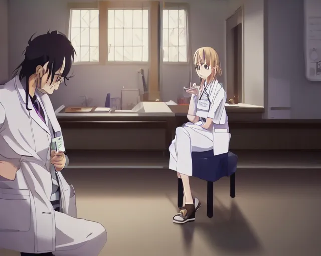 Image similar to a cute and beautiful young female doctor wearing white coat are talking with an old professor in a hospital, slice of life anime, lighting, anime scenery by Makoto shinkai