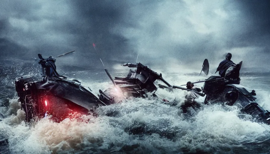 Image similar to cinestill 5 0 d epic photographic environment by steven spielberg of large scale samurai battle in treacherous waters, flooded city, wide shot, moody emotional cinematic, pouring iridescent rain bright spotlight helicopter, 8 k, hd, high resolution, 3 5 mm, f / 3 2, ultra realistic faces,