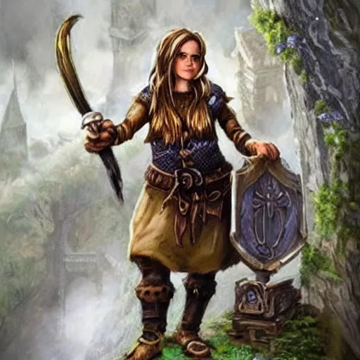 Prompt: a fantasy dwarf that looks like emma watson