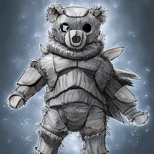Prompt: little boy wearing an cyborg bear suit, artwork in kentaro miura and made in abyss, smooth, beautiful lightness, anatomically correct, trending on pixiv