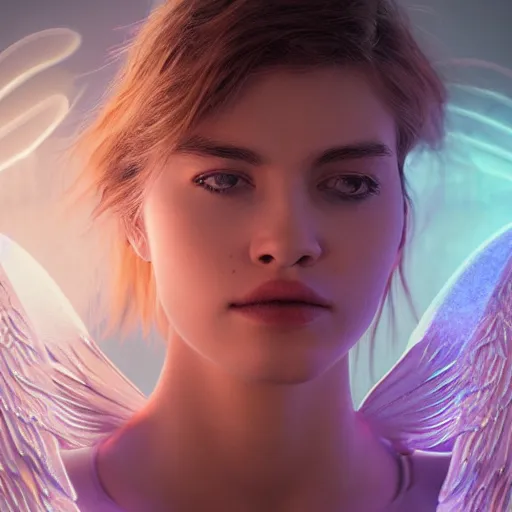 Image similar to portrait art of female angel, art by alessio albi 8 k ultra realistic, angel wings, lens flare, atmosphere, glow, detailed, intricate, full of colour, led lighting, trending on artstation, 4 k, hyperrealistic, focused, extreme details, unreal engine 5, masterpiece