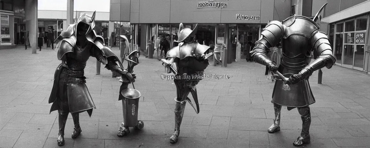 Prompt: Elden Ring:Liverpool 1980 a young woman tries to sneak past a giant dustbin knight outside Belle Vale Shopping Centre high quality professional photo AP PHOTOS