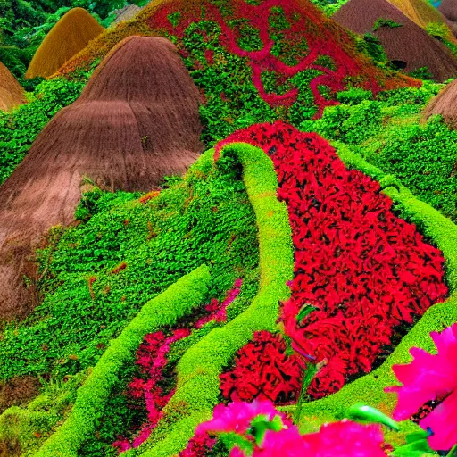 Image similar to an elaborate hibiscus garden in the middle of the Chocolate Hills, Bohol, detailed photograph, 4k